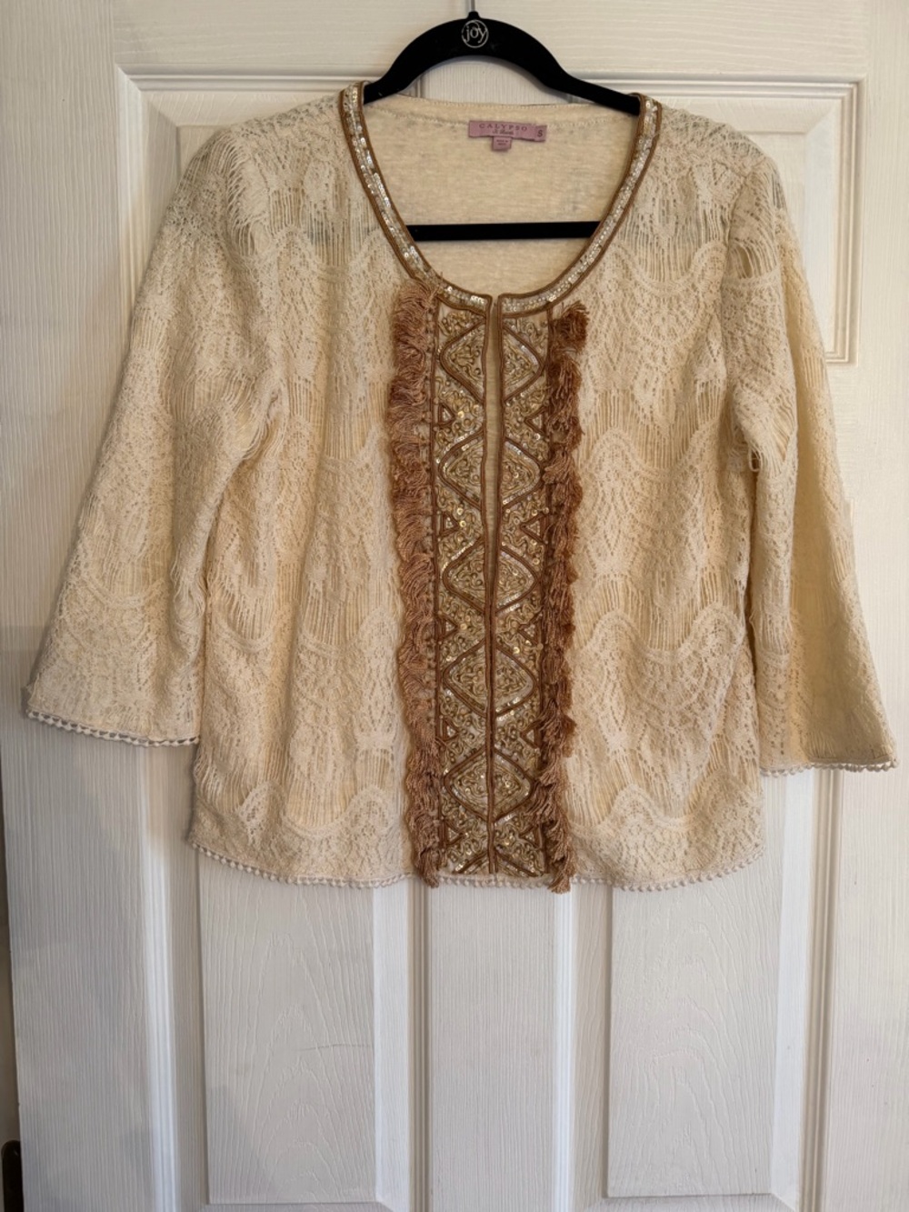 Calypso St. Barth Cream Embroidered Jacket with Gold Trim S